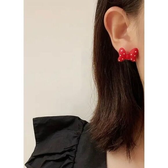 NWT NEW Minnie Mouse Red White Polka Dot Bow Stud Earrings - Picture 2 of 6